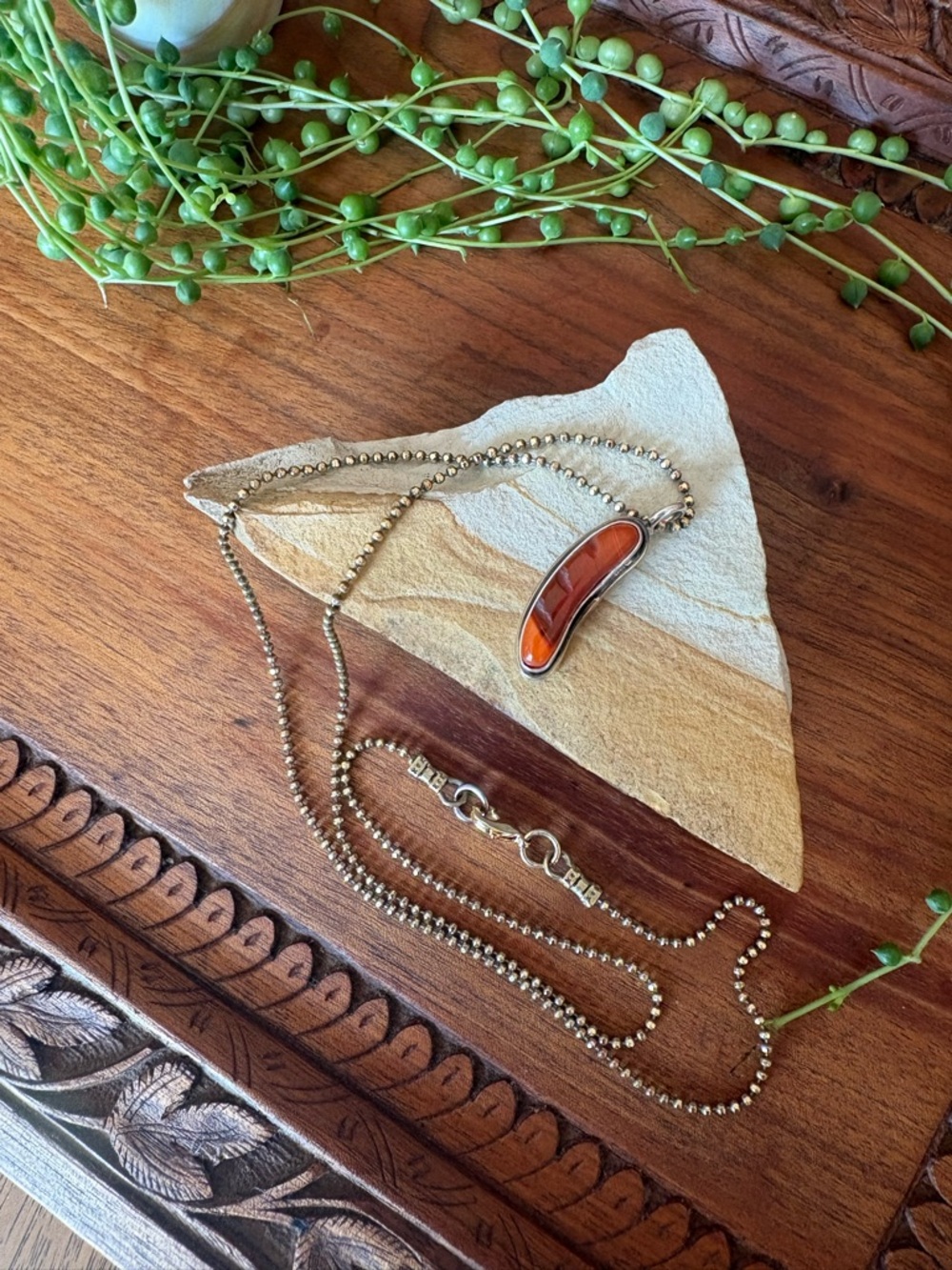 By Francis Frank Rosarita Glass Hotdog Necklace Sterling Silver Brass
